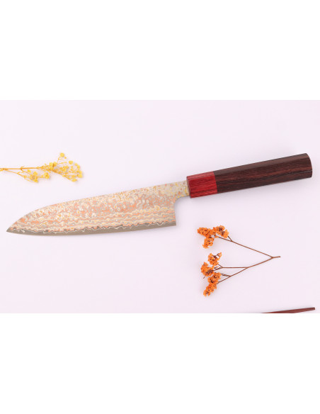 Cuchillo de chef japonés artesanal de 18 cm de Takeshi Saji, VG10 Rainbow Nashiji
