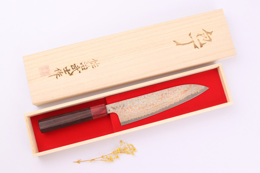Handgemaakt Japans koksmes van 18 cm, Takeshi Saji VG10 Rainbow Nashiji