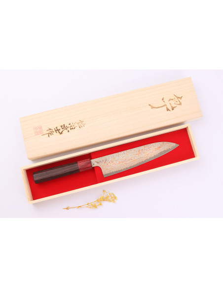Cuchillo de chef japonés artesanal de 18 cm de Takeshi Saji, VG10 Rainbow Nashiji