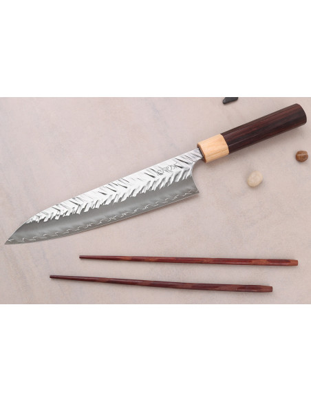Cuchillo de chef japonés artesanal de 21 cm, Yoshimi Kato SPG StrixV-Tsuchime