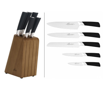 Bloco Sabatier International Auckland, em pinho e madeira de seringueira + 5 facas Draco