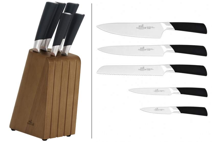 Sabatier International Auckland-sett, laget av furu og gummitre + 5 Draco-kniver