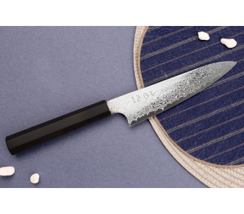 Handgefertigtes japanisches Universalmesser „Hatsukokoro Ginga Damas“ (15 cm) mit Griff aus Ebenholz 2