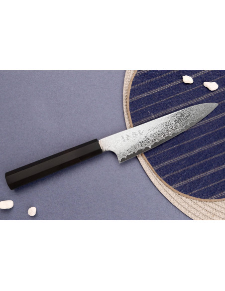 Faca universal japonesa artesanal Hatsukokoro Ginga Damasco, de 15 cm, com cabo em ébano