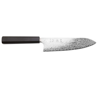 Hatsukokoro Ginga Damascus 18-cm Handcrafted Japanese Santoku Knife with Ebony Handle