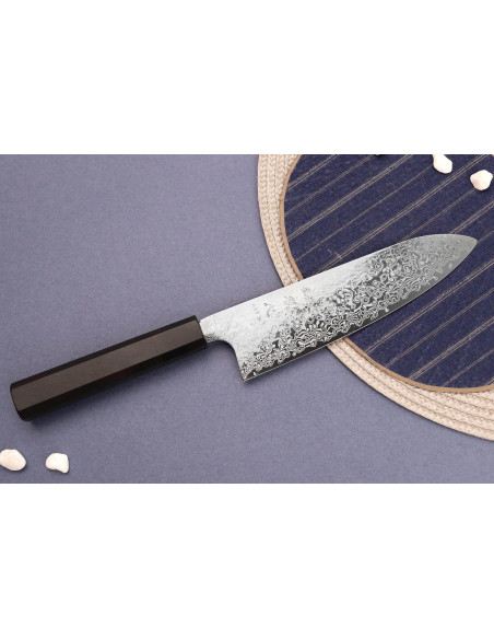Hatsukokoro Ginga Damas -käsintehty japanilainen 18 cm:n santoku-veitsi, eebenpuukahva