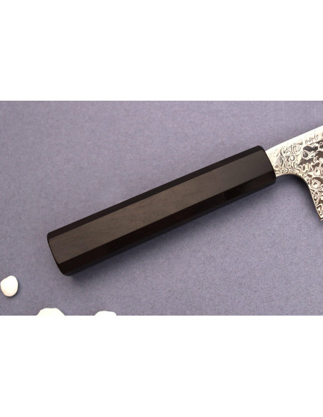 Håndlaget japansk santoku-kniv på 18 cm fra Hatsukokoro Ginga Damas med håndtak i ibenholt