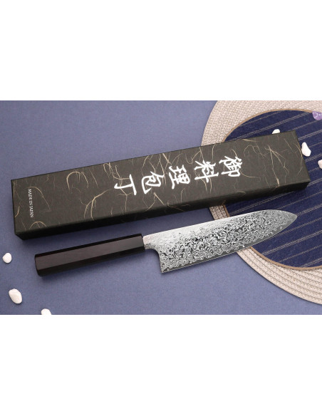 Hatsukokoro Ginga Damascus 18 cm Handcrafted Japanese Santoku Knife with Ebony Handle