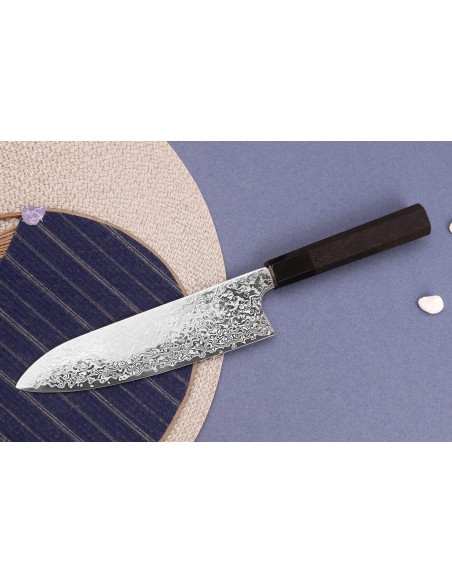 Handgefertigtes japanisches Santoku-Messer „Hatsukokoro Ginga Damas“, 18 cm, mit Griff aus Ebenholz