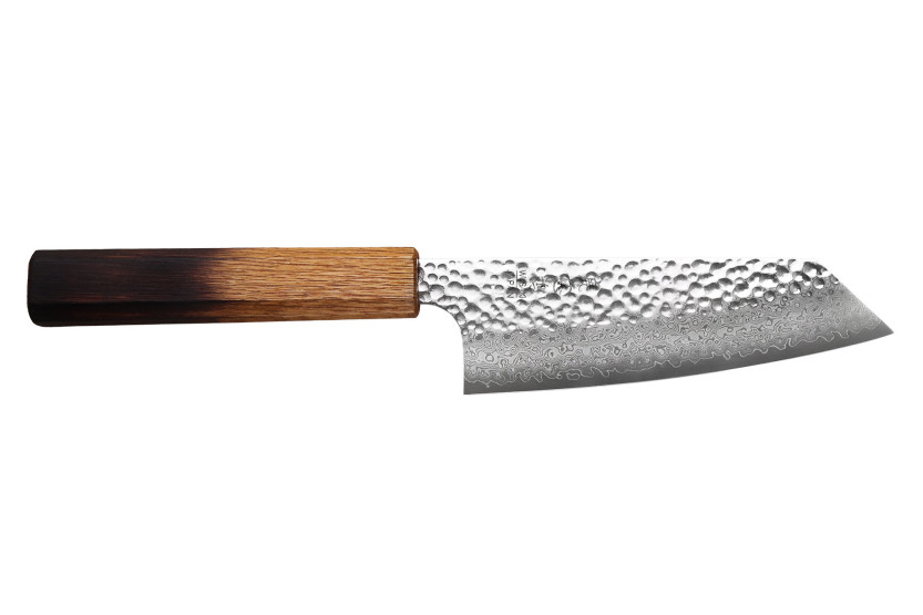 Handgefertigtes japanisches Bunka -Messer, 15 cm, Wusaki Yaketa, VG10 -Damast, gebrannte Eiche