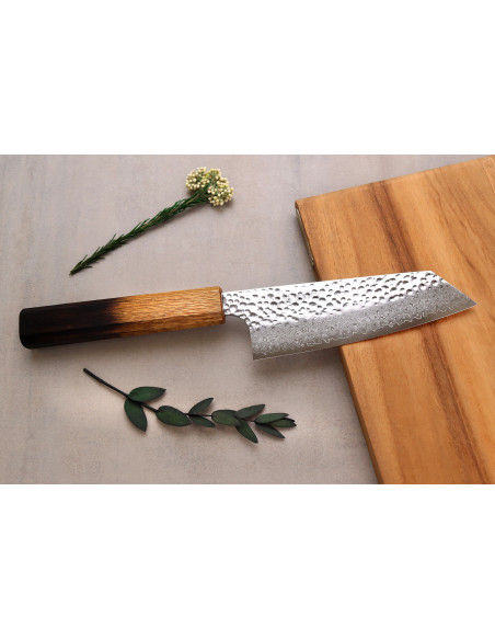 Coltello Bunka giapponese artigianale da 15 cm Wusaki Yaketa VG10 damasco rovere bruciato