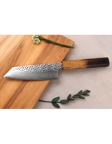Handgjord japansk Bunka -kniv, 15 cm, Wusaki Yaketa VG10-damaststål, bränd ek