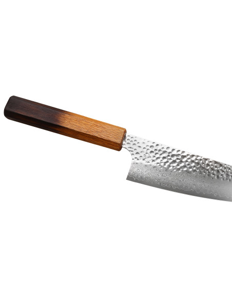 Handgjord japansk Bunka -kniv, 15 cm, Wusaki Yaketa, VG10- damaststål, bränd ek