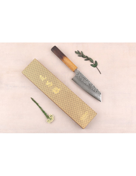 Cuchillo Bunka japonés artesanal de 15 cm de Wusaki Yaketa, acero VG10 damasco y roble quemado