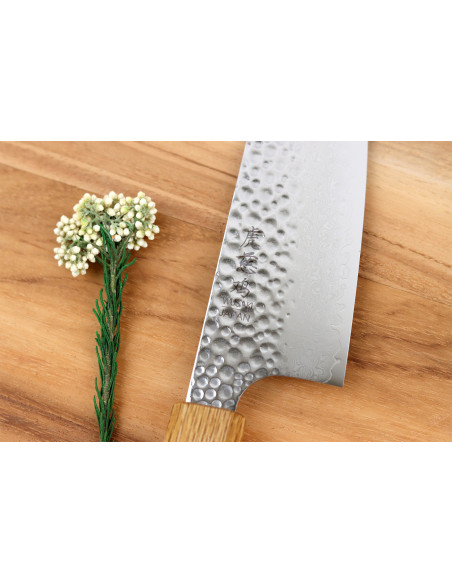 Handgefertigtes japanisches Bunka -Messer, 15 cm, Wusaki Yaketa, VG10 -Damast, gebrannte Eiche