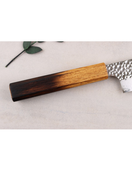 Coltello Bunka giapponese artigianale Wusaki Yaketa da 15 cm, in acciaio damascato VG10 con finitura rovere bruciato