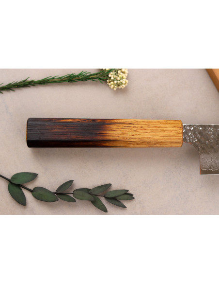 Wusaki Yaketa VG10 -damaskiteräs, palanut tammi -käsityönä valmistettu japanilainen 17 cm:n santoku-veitsi