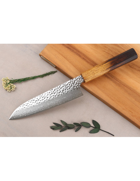 Handgjord japansk santokukniv, 17 cm, Wusaki Yaketa, VG10-damaststål, bränd ek