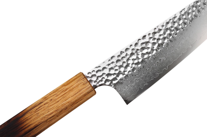 Handgjord japansk santokukniv, 17 cm, Wusaki Yaketa VG10 damaskstål med bränd ek