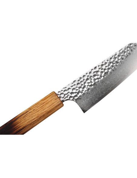 Cuchillo santoku japonés artesanal Wusaki Yaketa de 17 cm, acero VG10 damasco y roble quemado