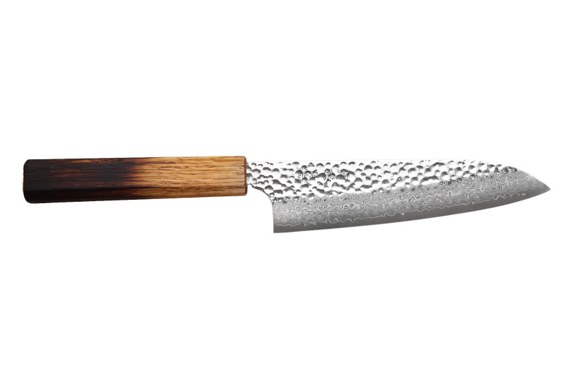 Handgjord japansk santokukniv, 17 cm, Wusaki Yaketa, VG10-damaststål, bränd ek