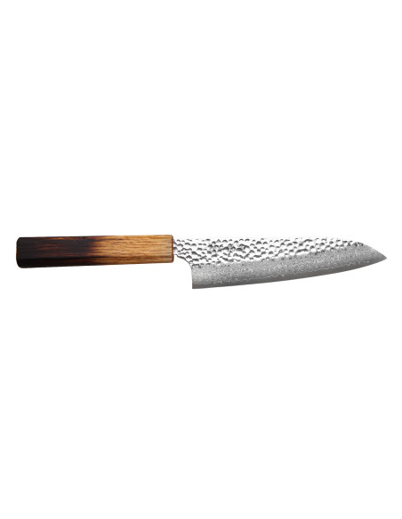 Handgjord japansk santokukniv, 17 cm, Wusaki Yaketa, VG10-damaststål, bränd ek