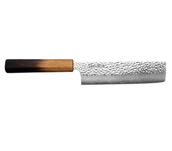 Faca nakiri japonesa artesanal Wusaki Yaketa de 17 cm, em aço damasco VG10 com padrão de carvalho queimado