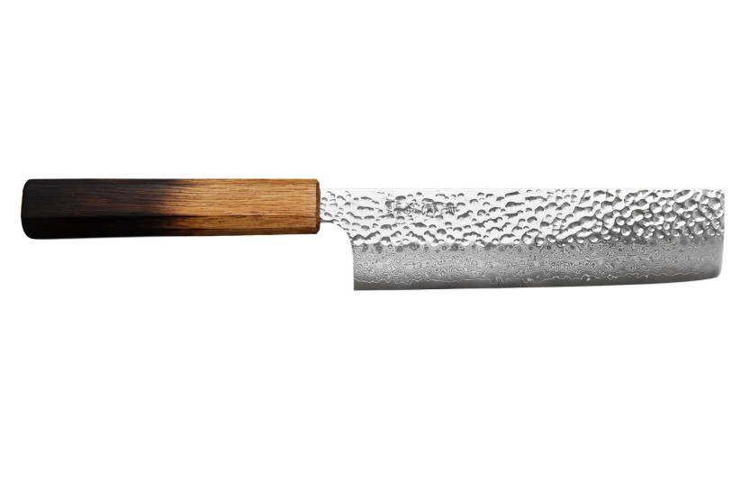 Håndlaget japansk nakiri-kniv, 17 cm, Wusaki Yaketa VG10 damaskus med brent eik
