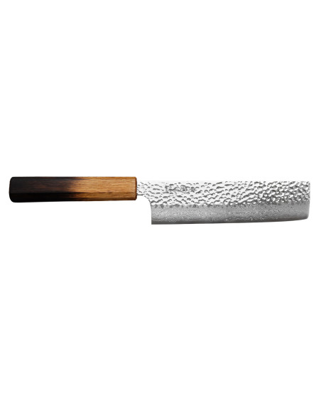 Faca nakiri japonesa artesanal Wusaki Yaketa de 17 cm, em aço damasco VG10 com padrão de carvalho queimado