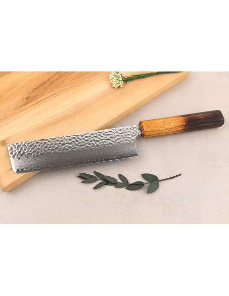 Håndlaget japansk nakiri-kniv, 17 cm, Wusaki Yaketa VG10 damaskus, brent eik
