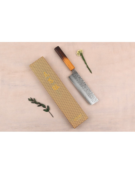 Handgjord japansk nakiri-kniv, 17 cm, Wusaki Yaketa VG10, damaststål med bränd ek-finish