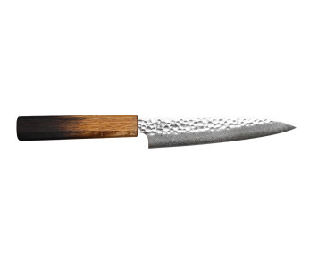 Handgefertigtes japanisches Universalmesser 15 cm von Wusaki Yaketa, VG10 -Damaststahl, gebrannte Eiche