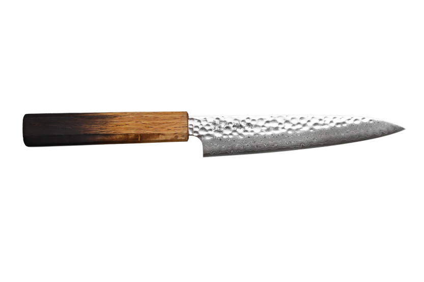 Coltello universale giapponese artigianale Wusaki Yaketa da 15 cm, acciaio VG10 damascato, finitura rovere bruciato