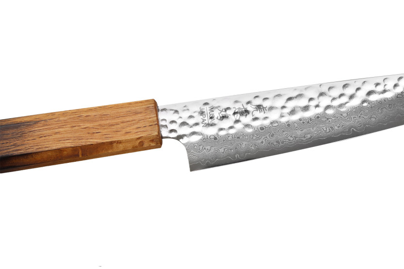 Cuchillo universal japonés artesanal Wusaki Yaketa de 15 cm, acero VG10 damasco y roble quemado