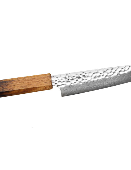 Handgemaakt Japans universaalmes van 15 cm, Wusaki Yaketa VG10 damaststaal, gebrand eikenhout