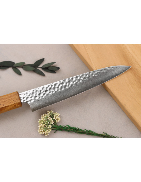 Handgefertigtes japanisches Universalmesser 15 cm von Wusaki Yaketa, VG10 -Damaststahl, gebrannte Eiche
