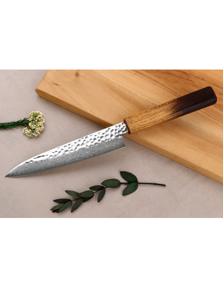 Wusaki Yaketa 15 cm Handcrafted Japanese Multi-Purpose Knife, VG10 Damascus Steel, Burnt Oak Finish