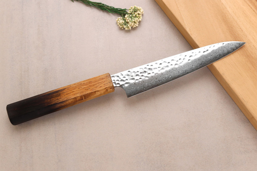Wusaki Yaketa 15 cm Handcrafted Japanese Utility Knife, VG10 Damascus Steel with Burnt Oak Finish