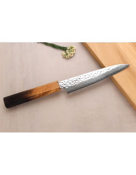 Wusaki Yaketa 15 cm Handcrafted Japanese Utility Knife, VG10 Damascus Steel with Burnt Oak Finish