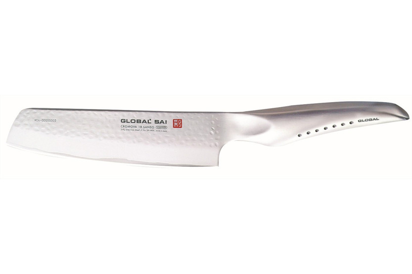 Global Sai M06 -japanilainen santoku-veitsi, vasaralla muotoiltu terä 15 cm