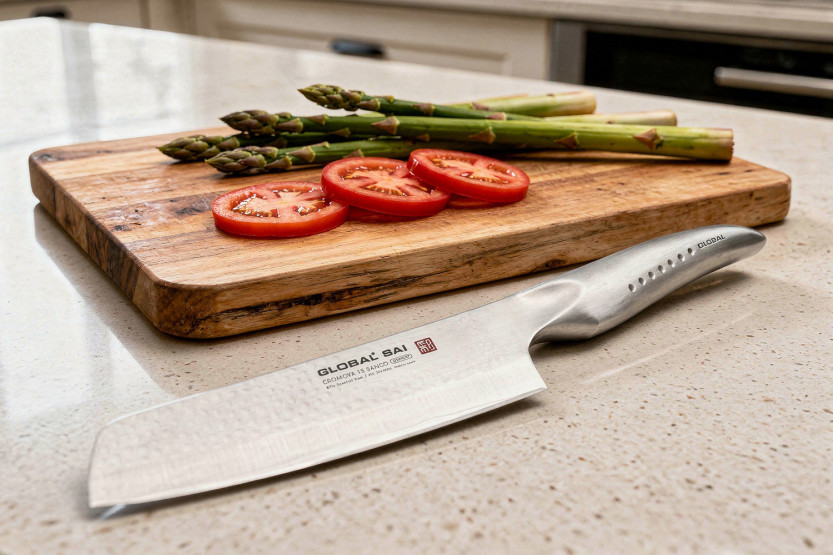 Global Sai M06 -japanilainen santoku-veitsi, vasaralla muotoiltu terä 15 cm