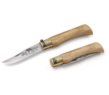 Coltello artigianale Old Bear L lama in acciaio inox da 9 cm manico in legno d'ulivo con ghiera