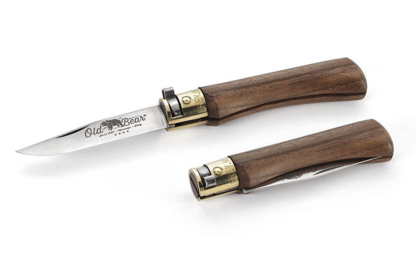 Coltello artigianale Old Bear S, lama in acciaio inossidabile di 7 cm, manico in noce con ghiera