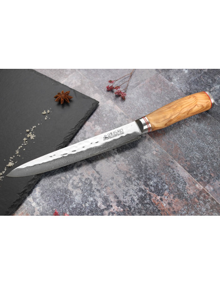 Coltello da intaglio Wusaki Damasco 10Cr 20cm manico in legno d'ulivo