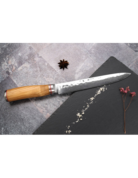 Wusaki Damast Tranchiermesser 10Cr 20cm Griff aus Olivenholz