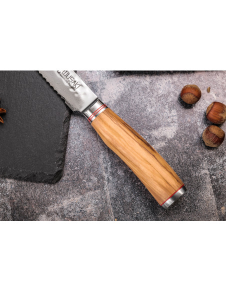 Cuchillo de pan Damasco Wusaki 10Cr 20cm mango de madera de olivo