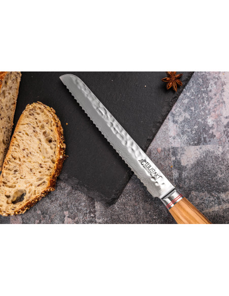 Wusaki Damascus Bread knife 10Cr 20cm olive wood handle