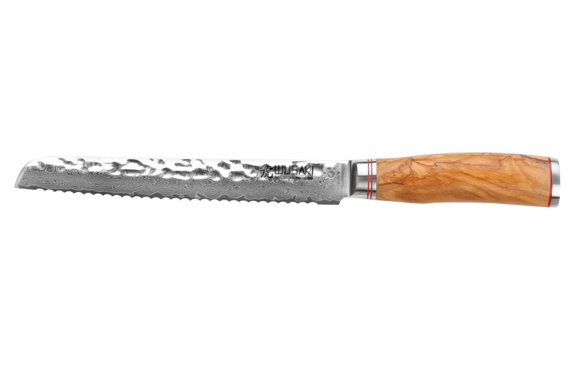 Wusaki Damascus Bread knife 10Cr 20cm olive wood handle