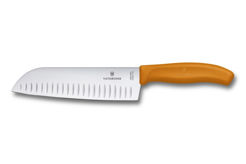 Victorinox santoku-kniv, 17 cm med granton edge-blad, orange skaft