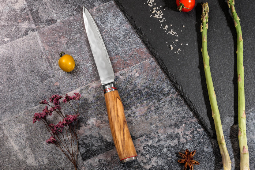 coltello universale Wusaki Damasco 10Cr 12 cm Manico in legno d'ulivo